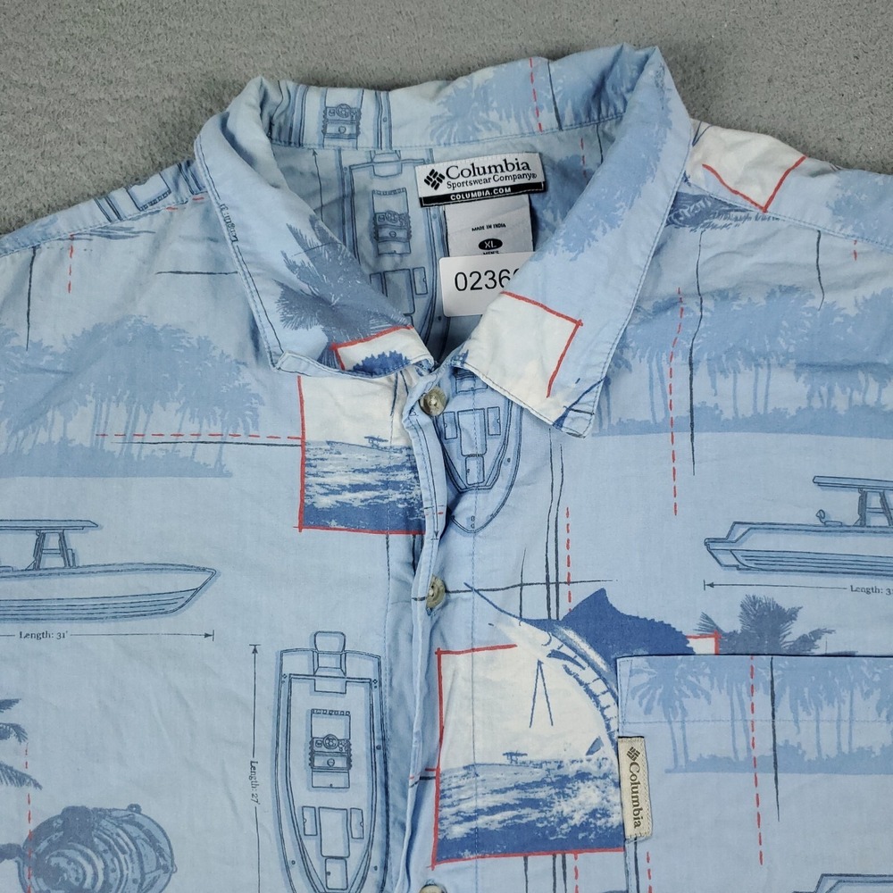Columbia Shirt Mens XL Blue Marlins Tropical Casual Button Up Short Sleeve *